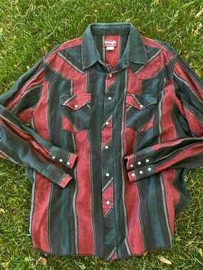 Wrangler Western Shirt Mens XXL Red Blue Stripe Pearl Snap, vintage, cowboy, 90s